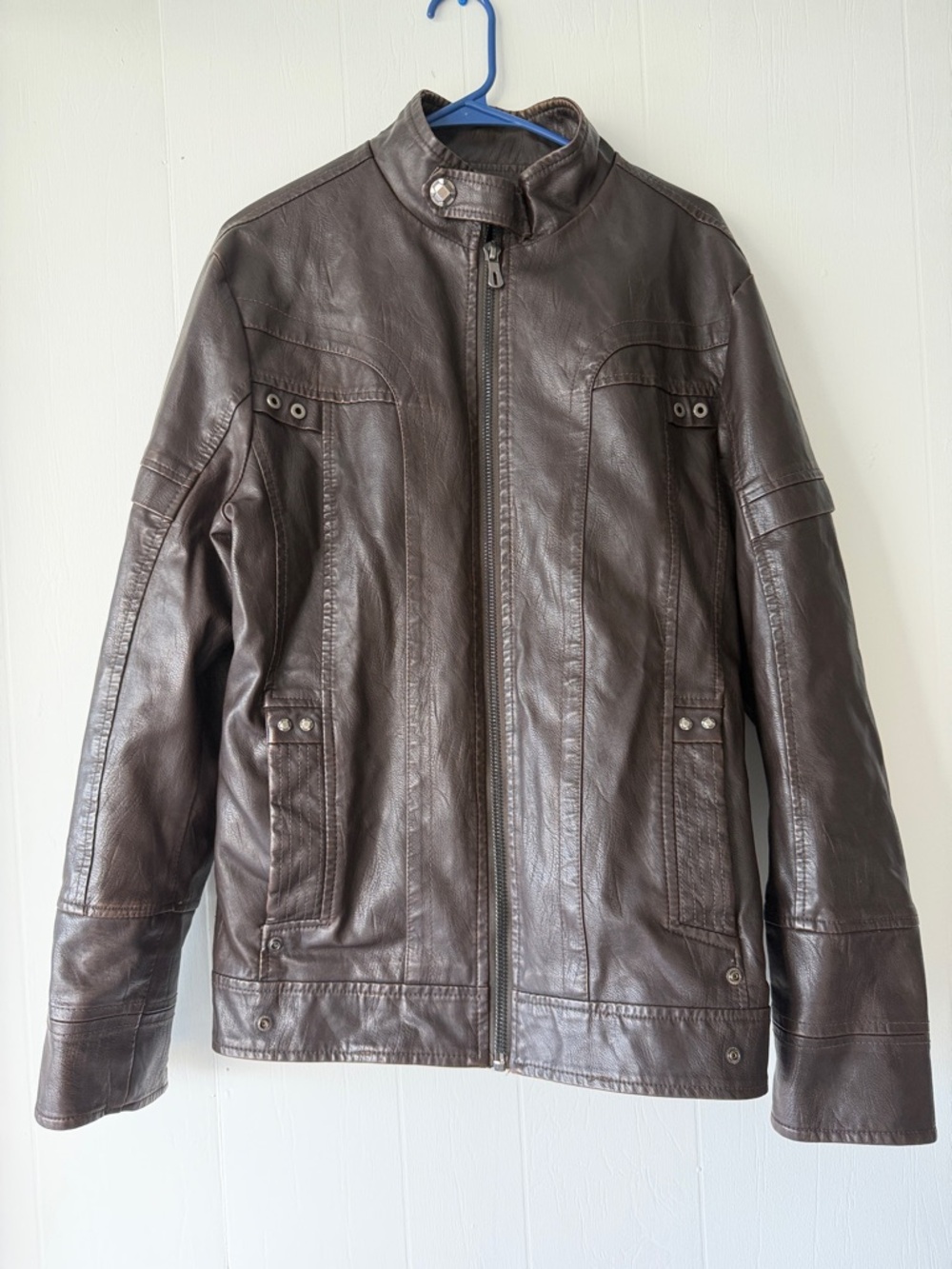Men's Dark Brown Leather Bomber Jacket with Stand Collar